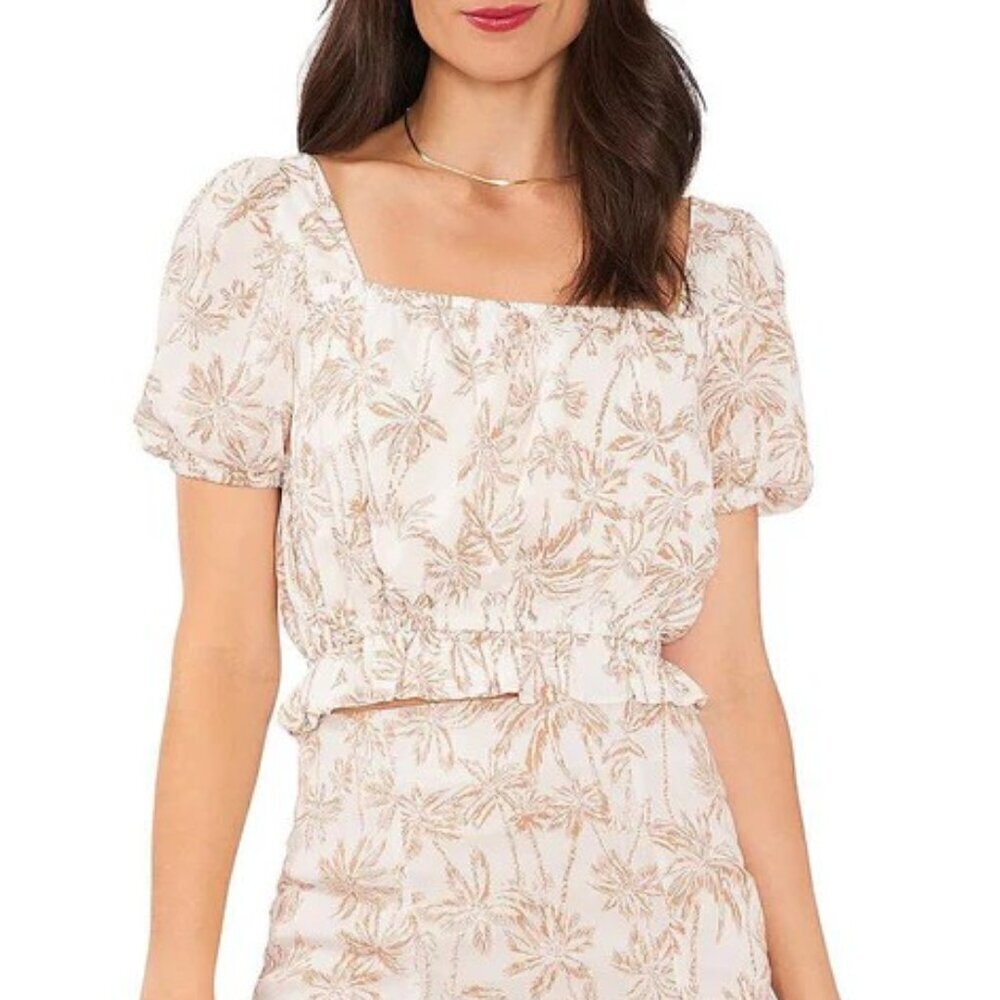 NWT 1.State Womens Printed Rayon Cropped Blouse White Etched Palm Size S and L